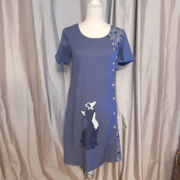 Joe Browns Cat print short sleeve blue shift dress UK 8 viscose/ linen blend - Picture 2 of 10